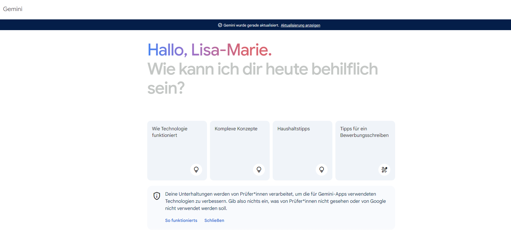 Eine Webseite begrüsst „Hallo, Lisa-Marie.“ mit einer Frage und bietet vier Optionen in Kästchen an.