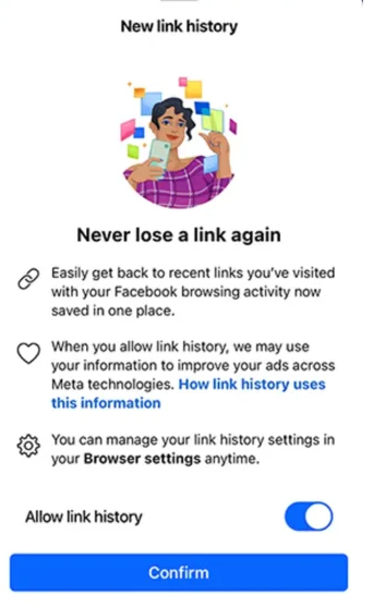 Die neue Link-Verlaufsfunktion von Facebook: Ein Pop-up-Fenster, das die Funktion erklärt, mit den Optionen „Link-Verlauf zulassen“ oder „Bestätigen“.