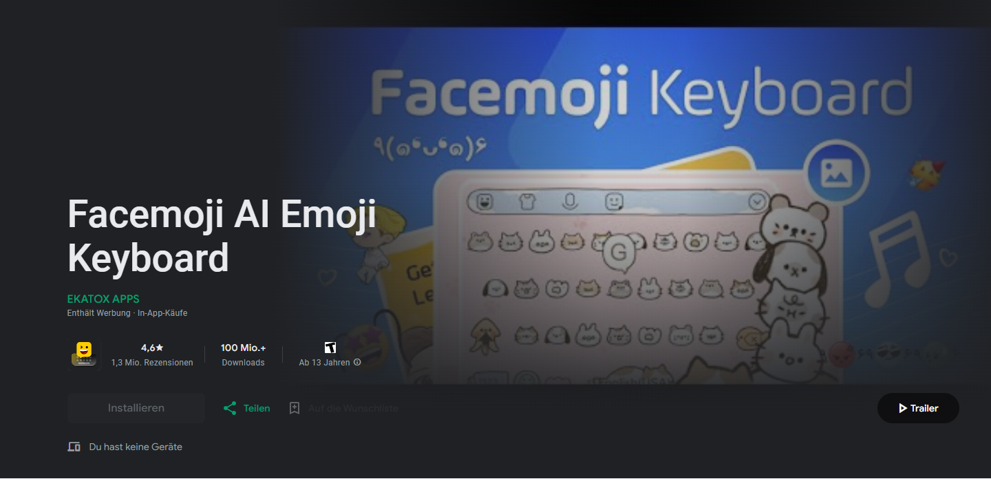 Facemoji AI Emoji Keyboard App, blau-weisser Hintergrund mit Cartoon-Tastatur und Bären-Grafiken.