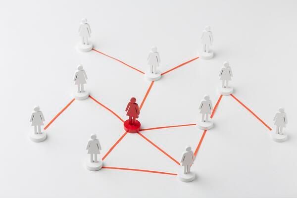 Eine rote zentrale Figur, die durch orangefarbene Linien mit mehreren weissen Figuren auf weissem Hintergrund verbunden ist.