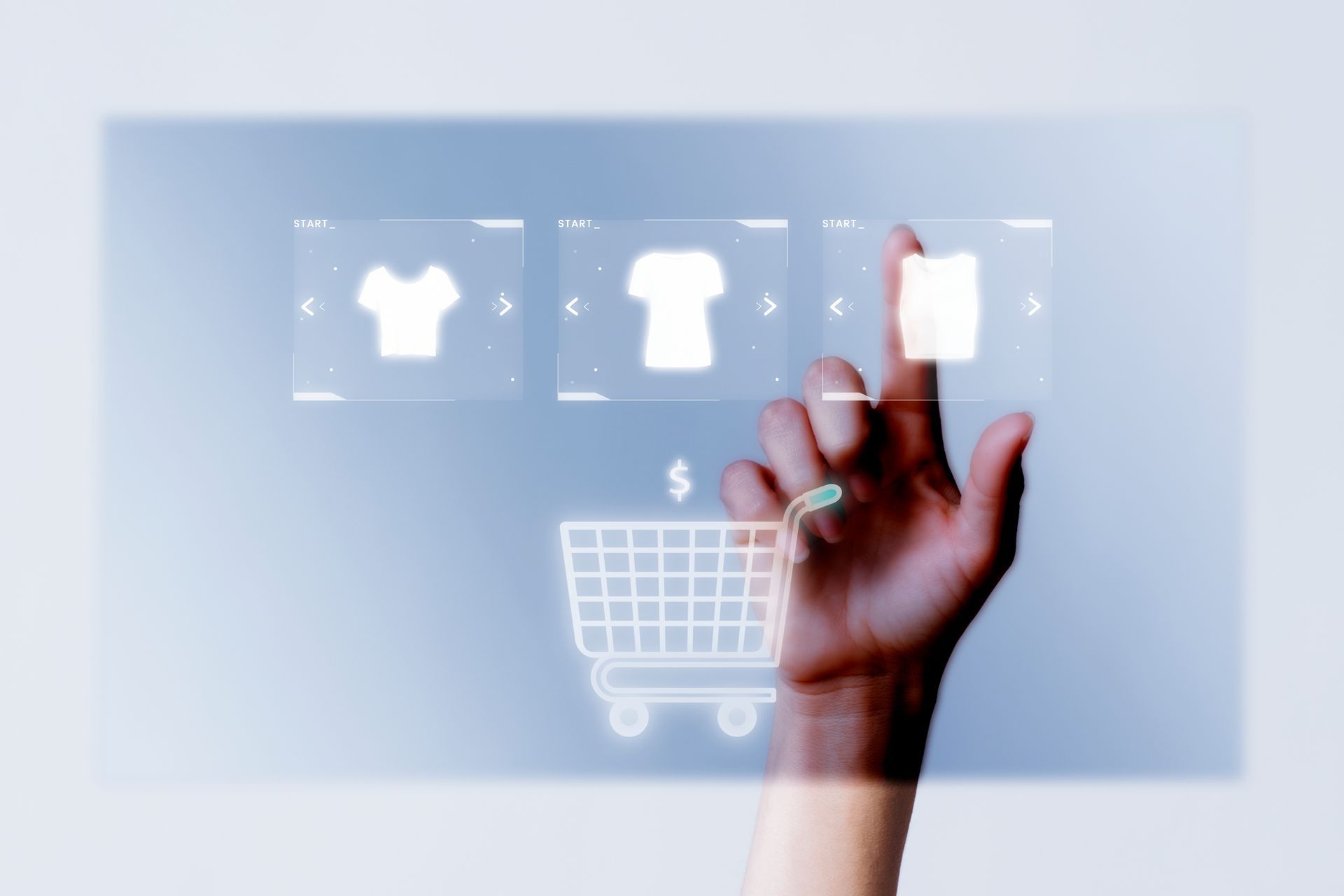 Hand wählt ein Produkt auf einer digitalen Shopping-Oberfläche aus, mit Symbolen für Kleidungsauswahl und Warenkorb im Onlinehandel.
