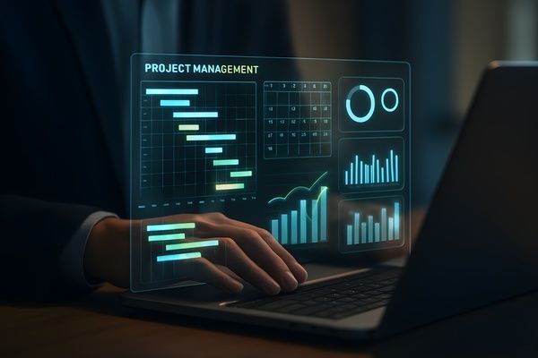 Eine Hand auf einem Laptop, auf dessen Bildschirm leuchtende Diagramme und Zeitachsen eines Projektmanagement-Dashboards zu sehen sind.