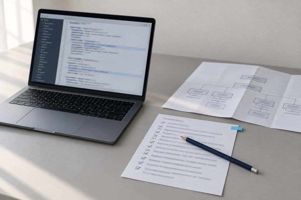 Laptop mit Serverkonfiguration, Checkliste und Strukturplan