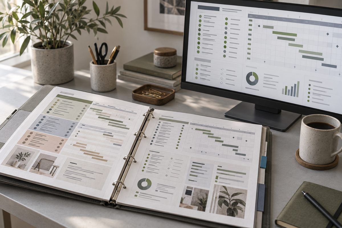 Gefüllte Relaunch-Projektmappe und Projekt-Dashboard mit Aufgabenstatus auf einem hellgrauen Arbeitstisch.