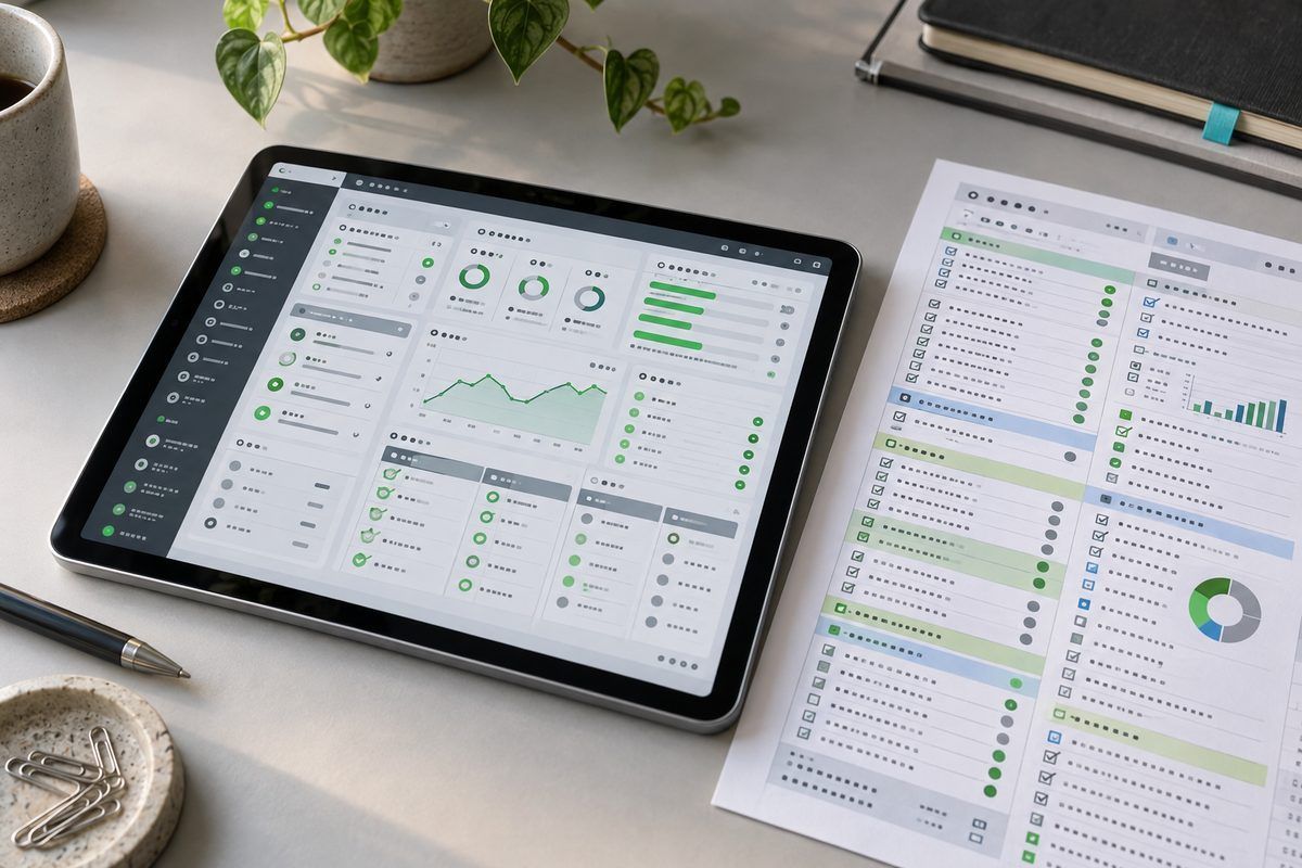 Tablet mit gefülltem Release-Dashboard neben einer markierten Launch-Kontrollliste.