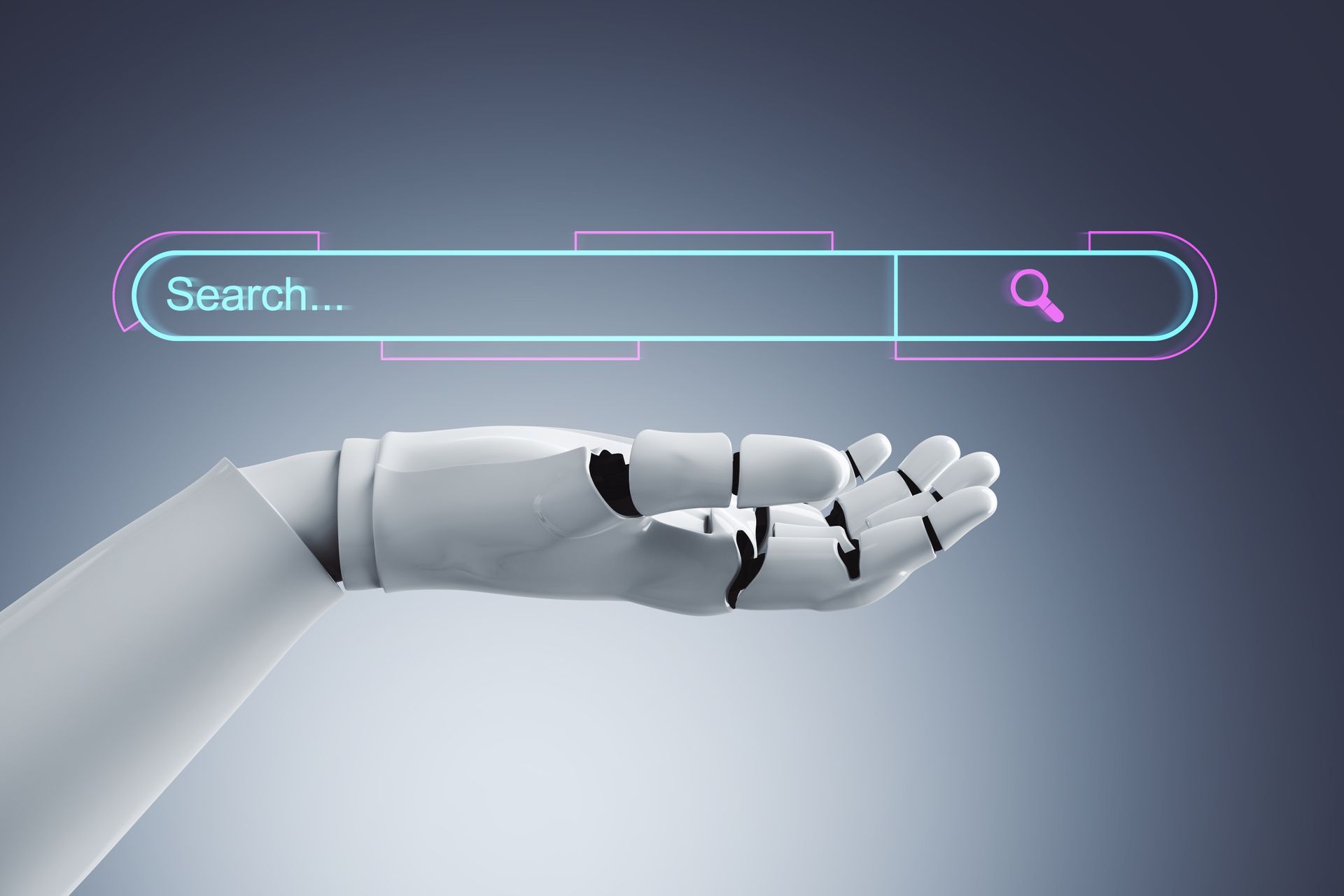 Roboterhand, die eine leuchtende Suchleiste hält, vor einem grau abgestuften Hintergrund.