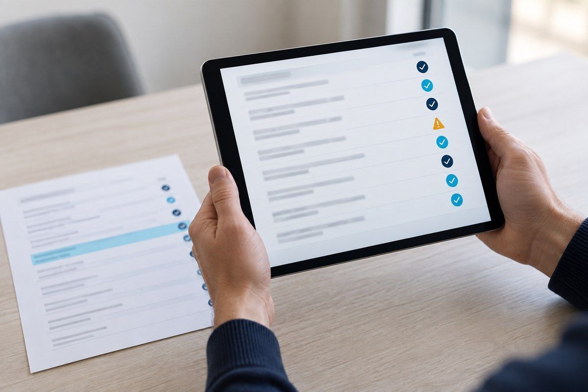 Hände halten ein Tablet, auf dem ein Prüfwerkzeug Befunde meldet