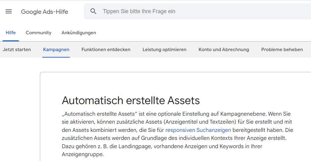 Ein Screenshot der Google Webseite zum Thema