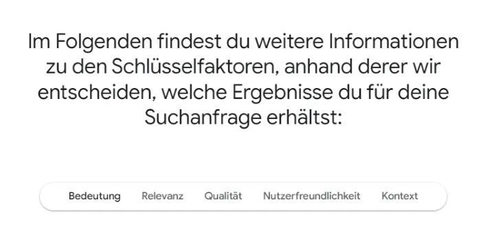 Screenshot eines Interface über Schlüsselfaktoren für Suchergebnisse