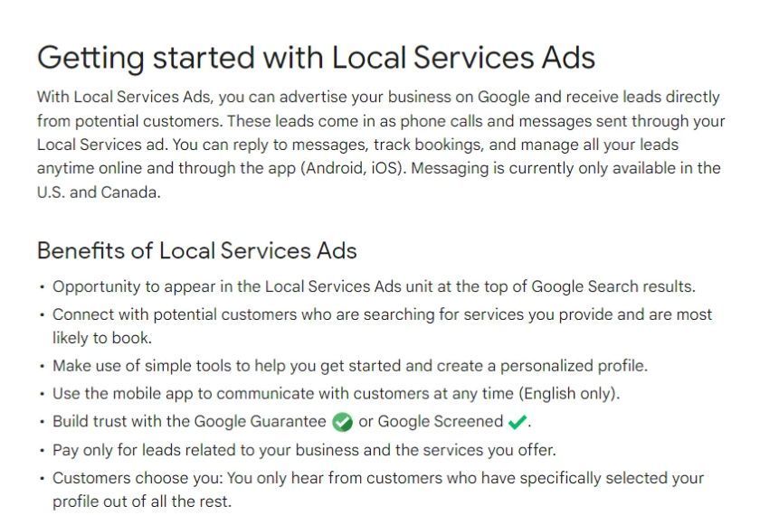 Screenshot einer Liste mit Local Services Ads-Tipps