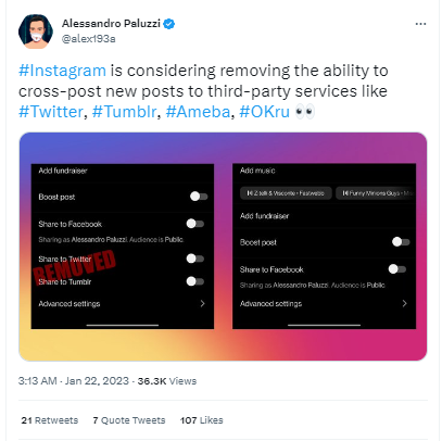 Instagram erwägt, die Möglichkeit zum Cross-Posten neuer Beiträge zu entfernen.