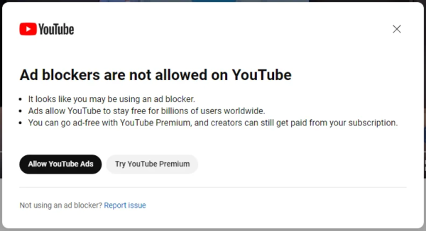 Ein Screenshot einer YouTube-Seite, auf der steht, dass Werbeblocker auf YouTube nicht erlaubt sind
