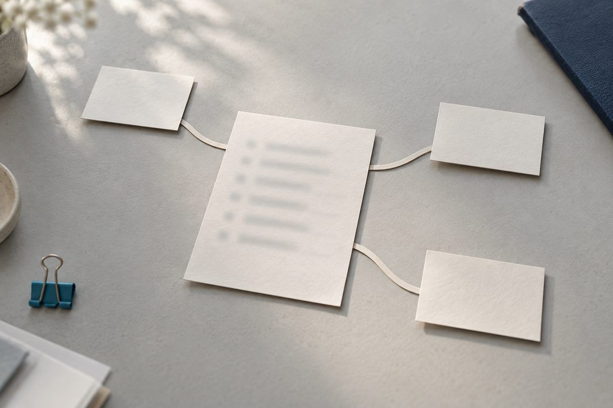 Ein zentrales Listenblatt ist mit drei einzelnen Zielkarten verbunden, wie eine Sitemap mit ihren kanonischen Zielseiten