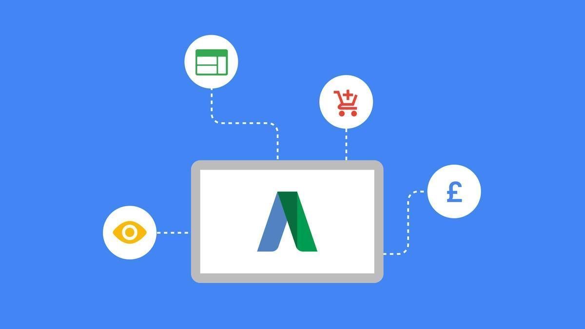 Eine Abbildung eines Google AdWords-Dashboards mit umgebenden Symbolen.