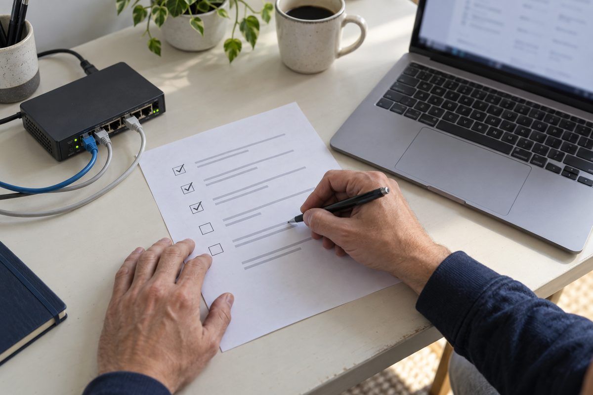 Hände prüfen eine Checkliste neben Laptop und Netzwerkgerät