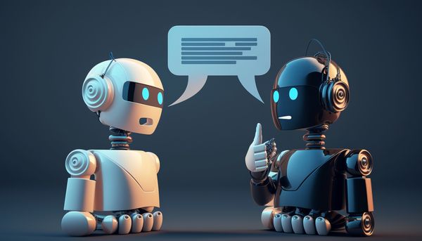 Zwei Comic-Roboter, die sich im Gespräch gegenüberstehen, mit einer Sprechblase über ihnen.