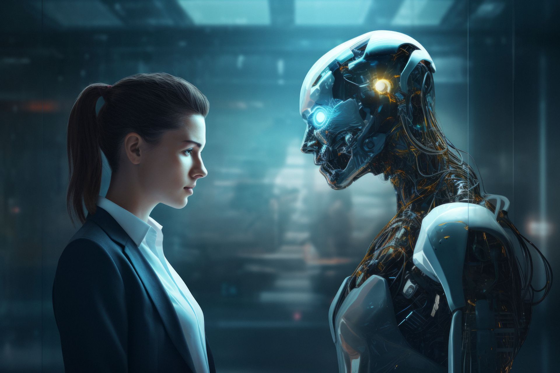 Eine Person im Business-Anzug steht in einem schwach beleuchteten, futuristischen Raum einem komplexen, leuchtenden Roboter gegenüber.