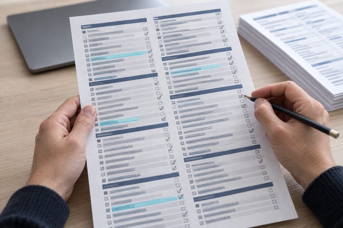 Hände prüfen eine gedruckte Checkliste für die Umstellung