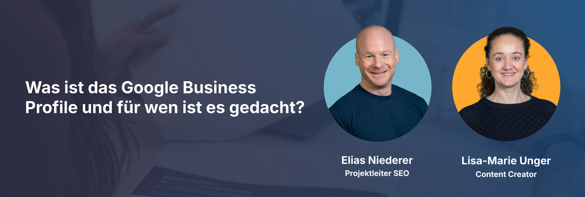 Eine Grafik mit Text und zwei Personen in Kreisen