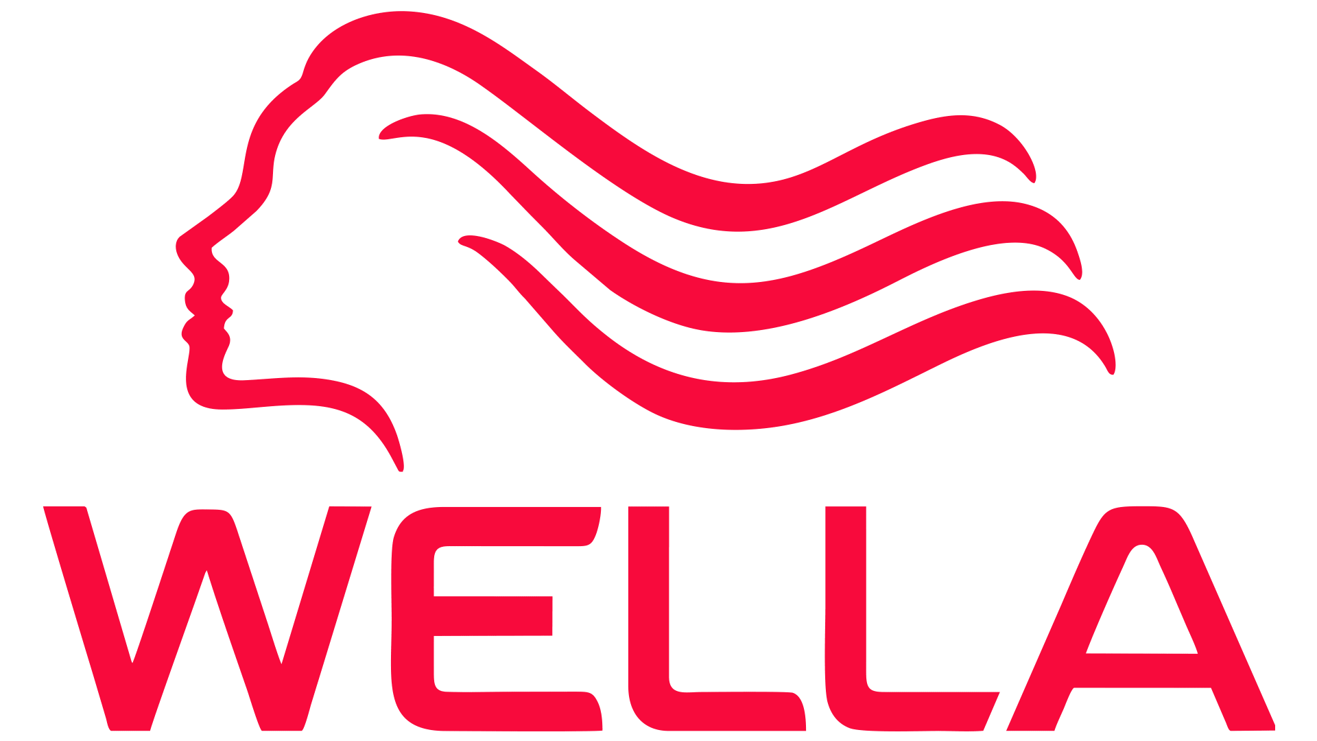 Logo rosso Wella: sagoma di un volto femminile e capelli fluenti sopra il nome del marchio