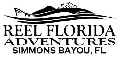 Logo for Reel Florida Adventures in Simmons Bayou, FL, featuring a stylized black silhouette of a fish.
