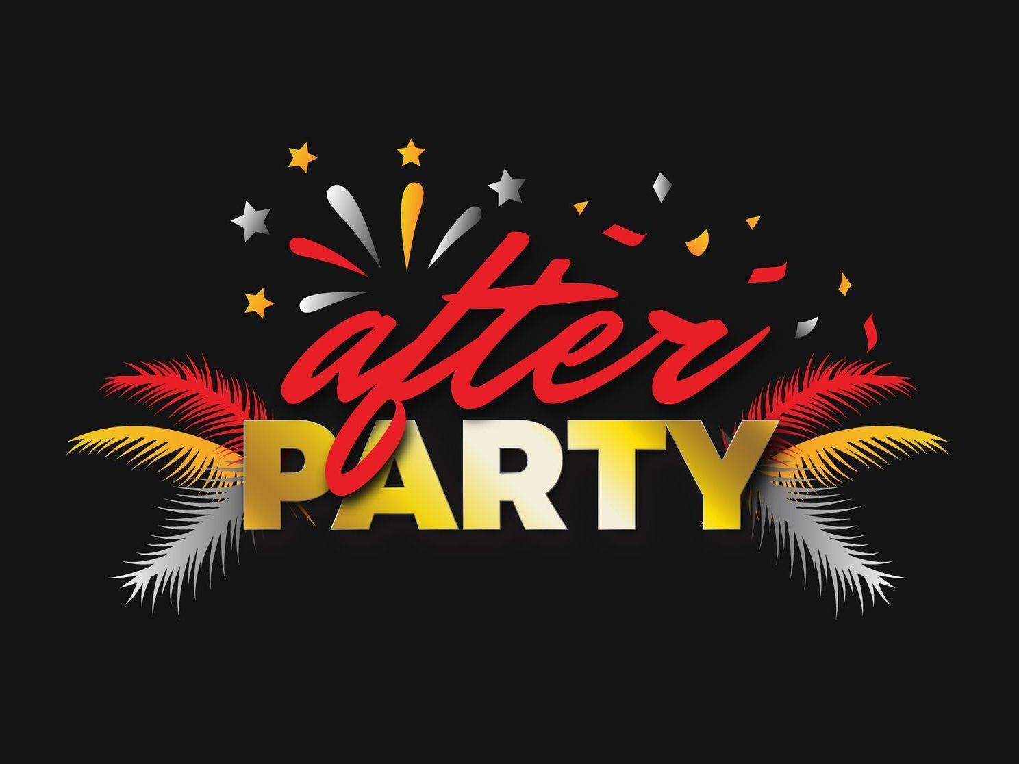 The word after party is on a black background with palm trees and fireworks.