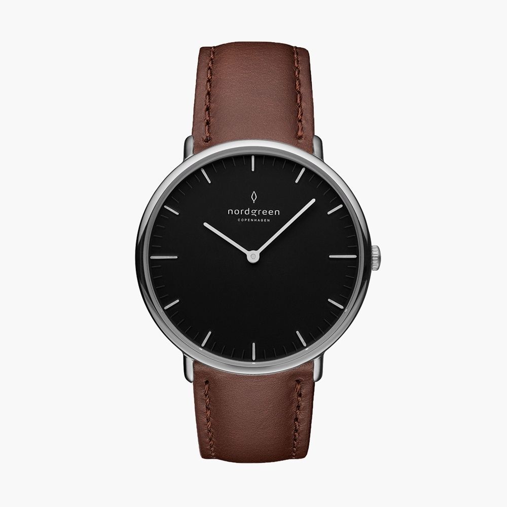 【Nordgreen】Native本真 月光銀系列深棕真皮腕錶36mm(NR36SILEDBBL)