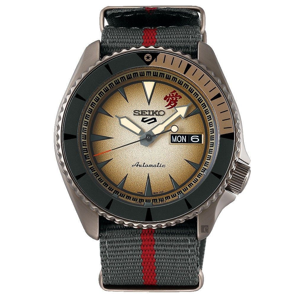 A seiko watch with a gray and red strap on a white background.
