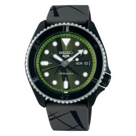 A seiko watch with a black band and a green face.