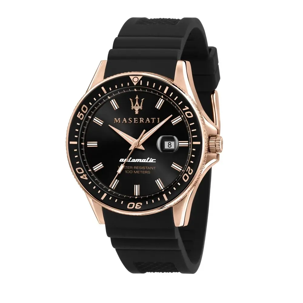 【MASERATI 瑪莎拉蒂】經典黑金矽膠錶帶機械腕錶 44mm (R8821140001)-funtastic方采