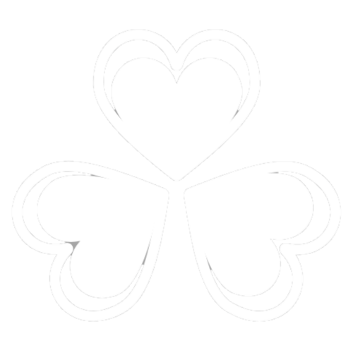 A black and white drawing of a shamrock with a heart in the middle.
