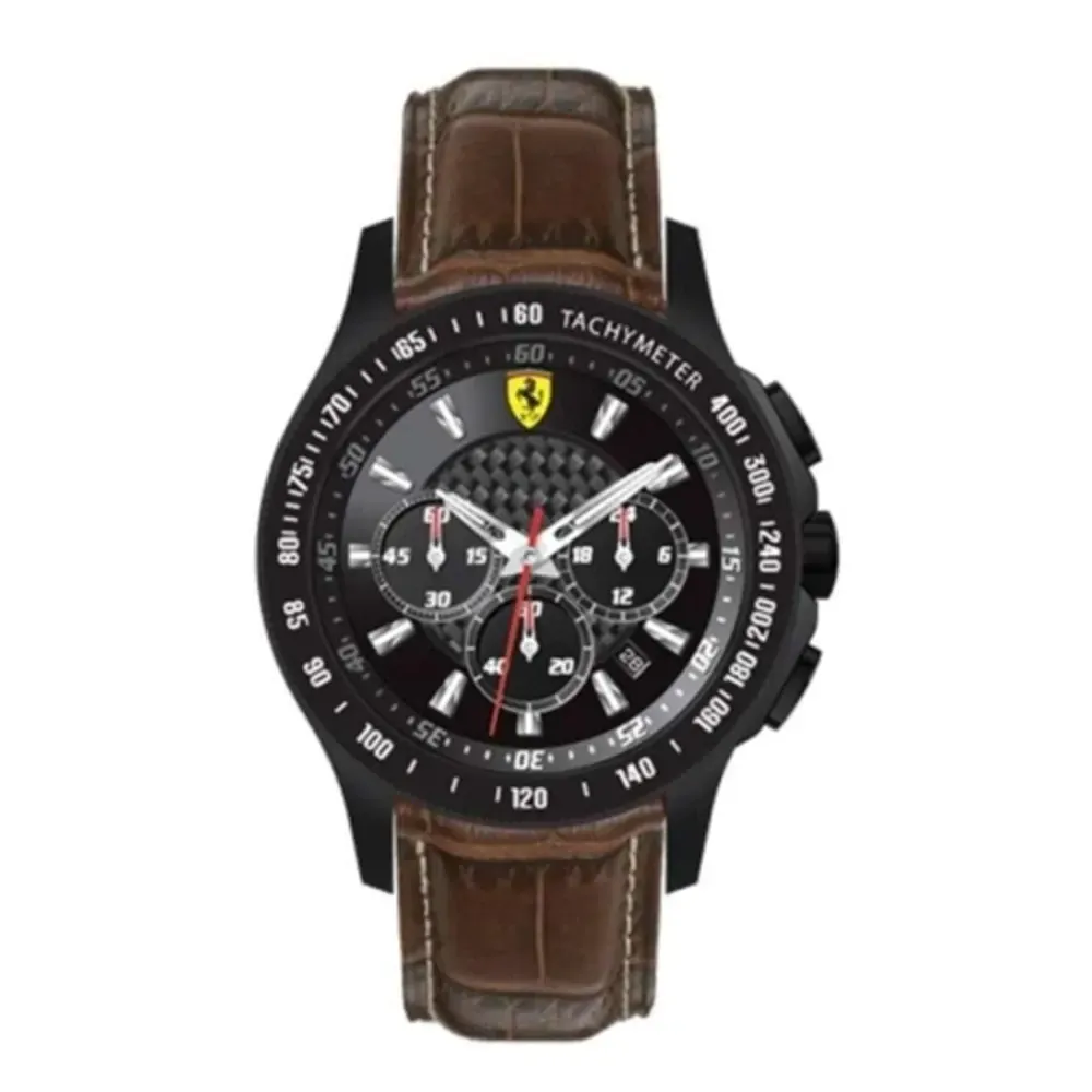 【FERRARI 法拉利】專業賽車三眼計時男錶-黑面咖啡皮 (0830045)-funtastic方采