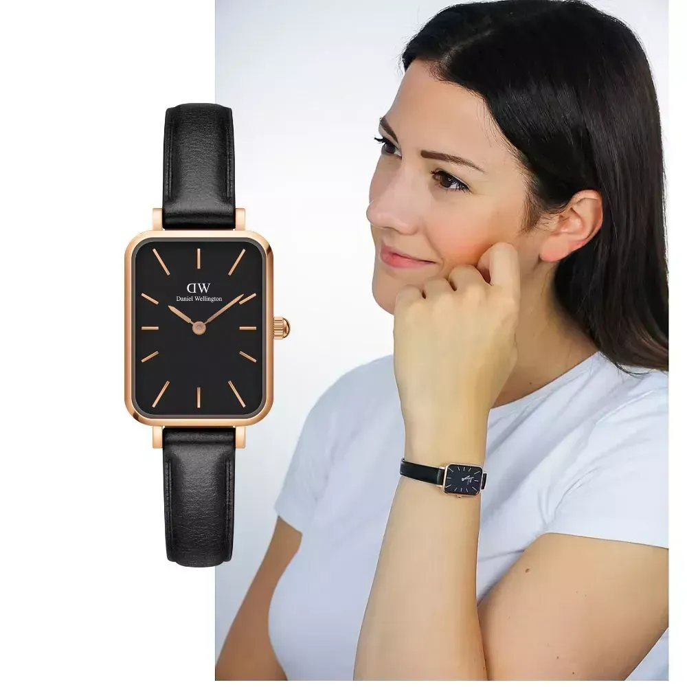 【DW】 Daniel Wellington 經典黑真皮皮革小方錶 玫瑰金 (DW00100435)-funtastic方采