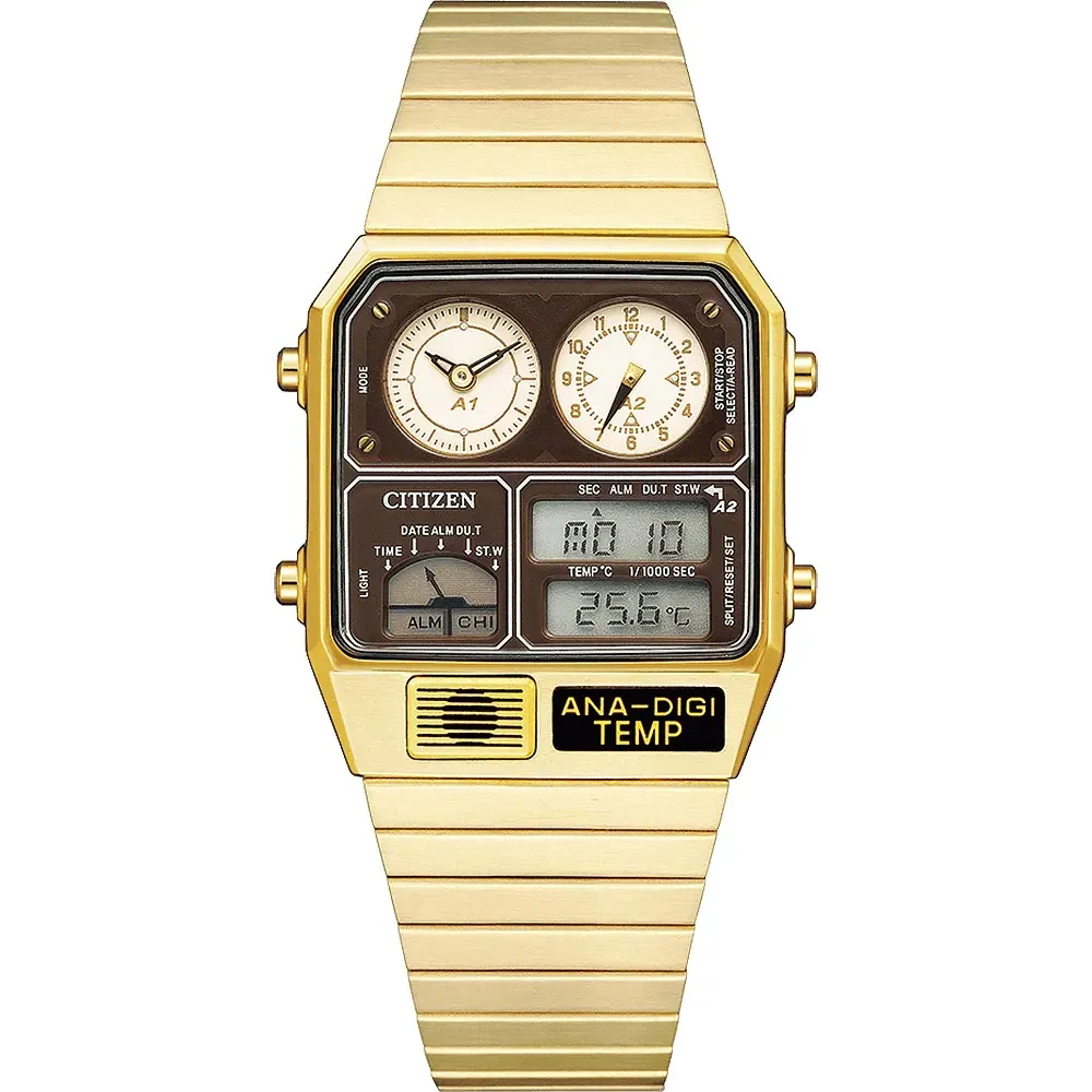 【CITIZEN 星辰】Chronograph 復古雙顯電子腕錶  復古金 32.5x40.6mm (JG2103-72X)-funtastic方采