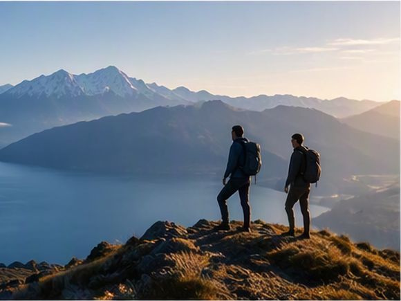 Two hikers on a mountain ridge overlook a blue lake and distant peaks at sunrise