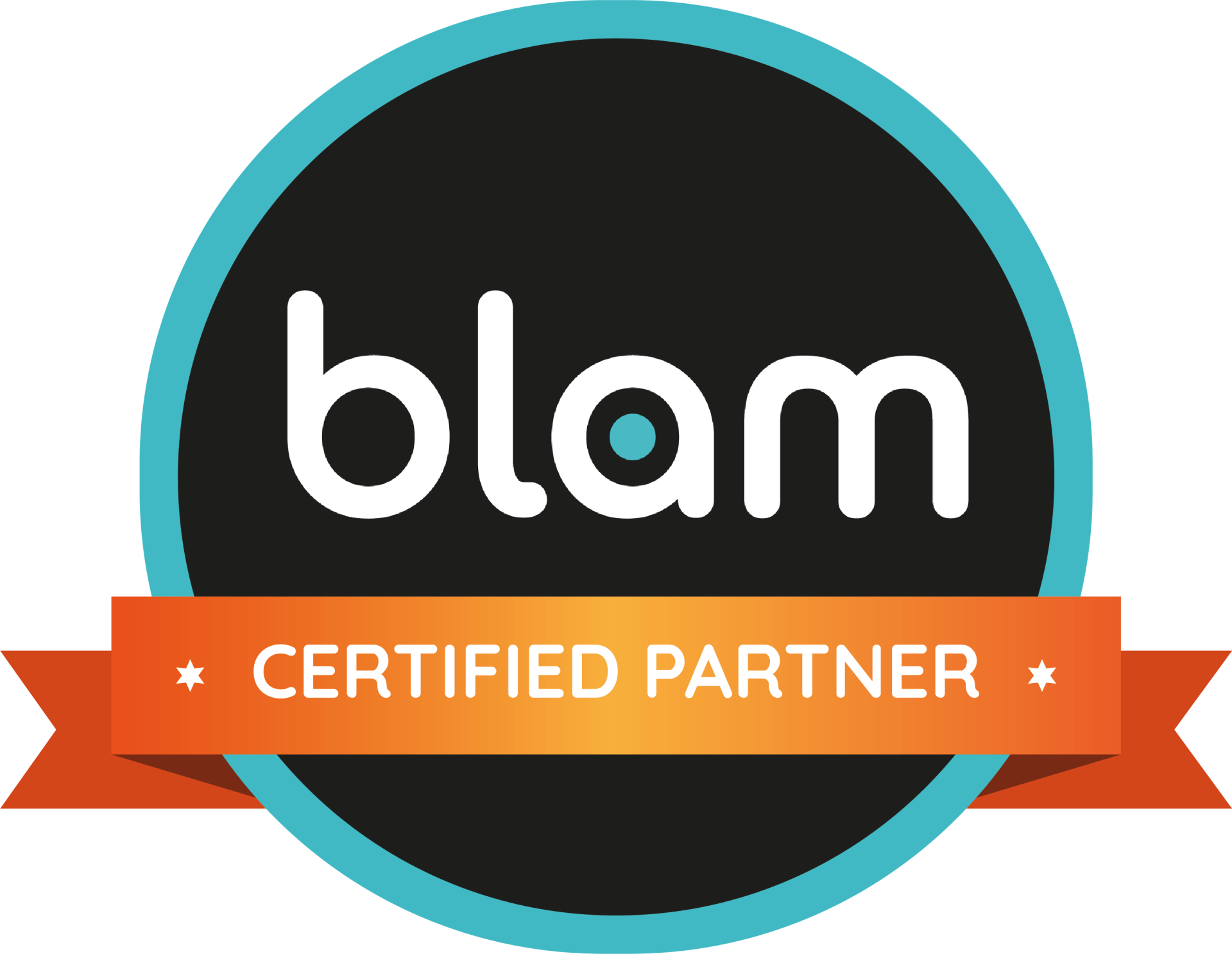 Blam Certified Partner badge with orange banner and teal and black circle.