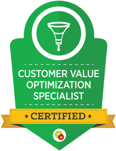 Green badge: Customer Value Optimization Specialist, with funnel icon and 