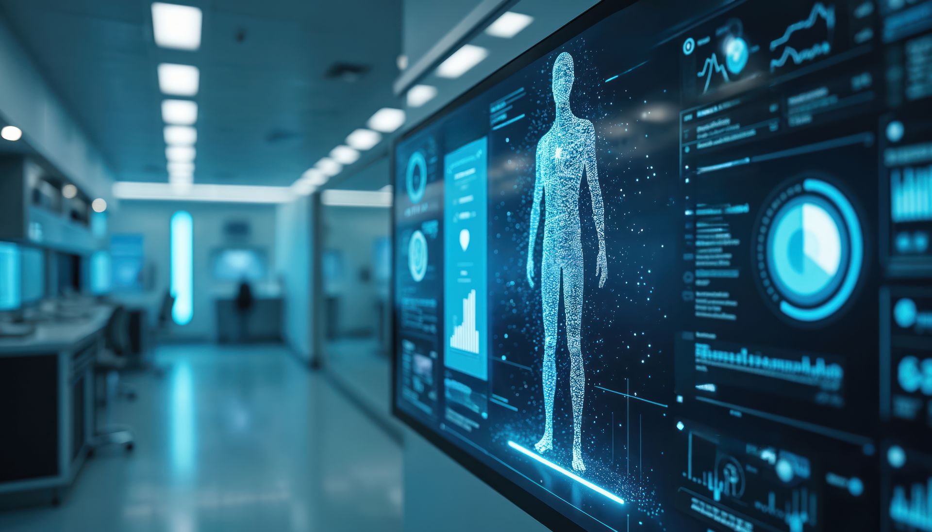 Blue futuristic hospital corridor with a transparent human silhouette and medical data on a digital wall display