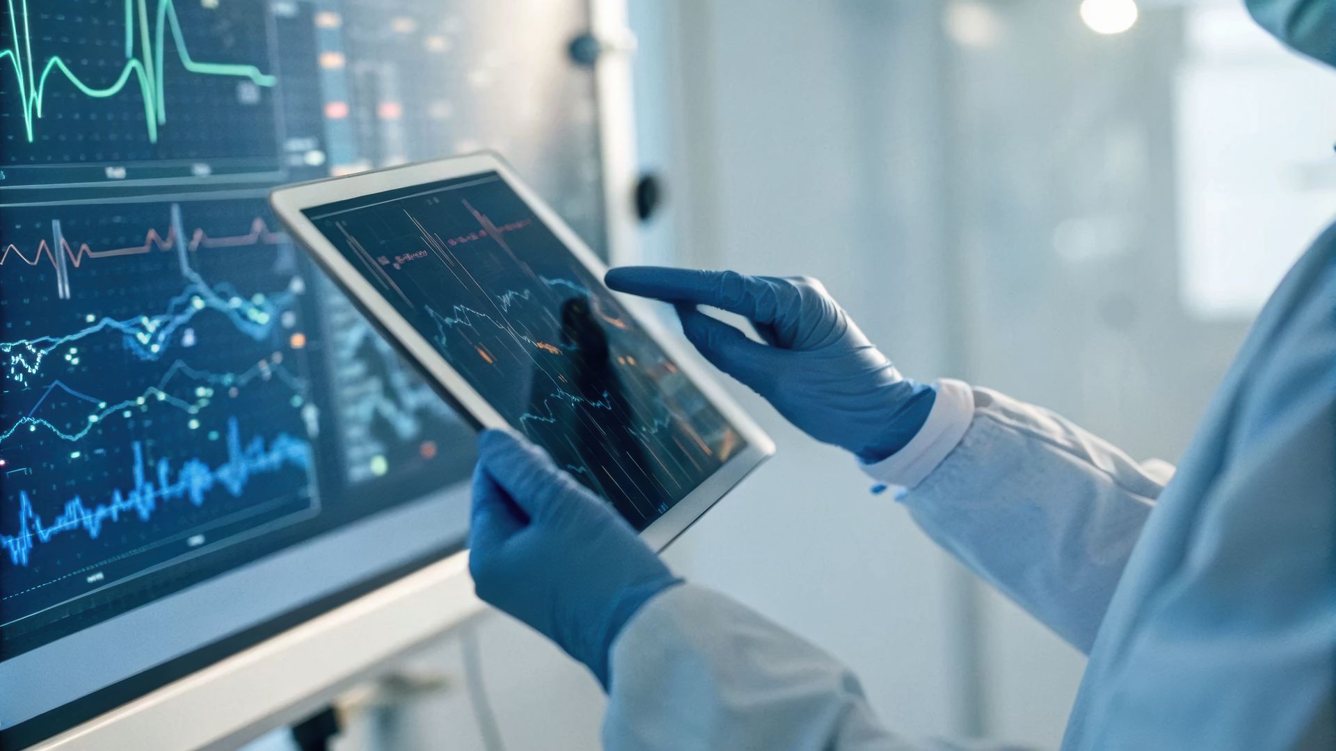 Hospital workstation with medical scans on monitors and an MRI machine in the background