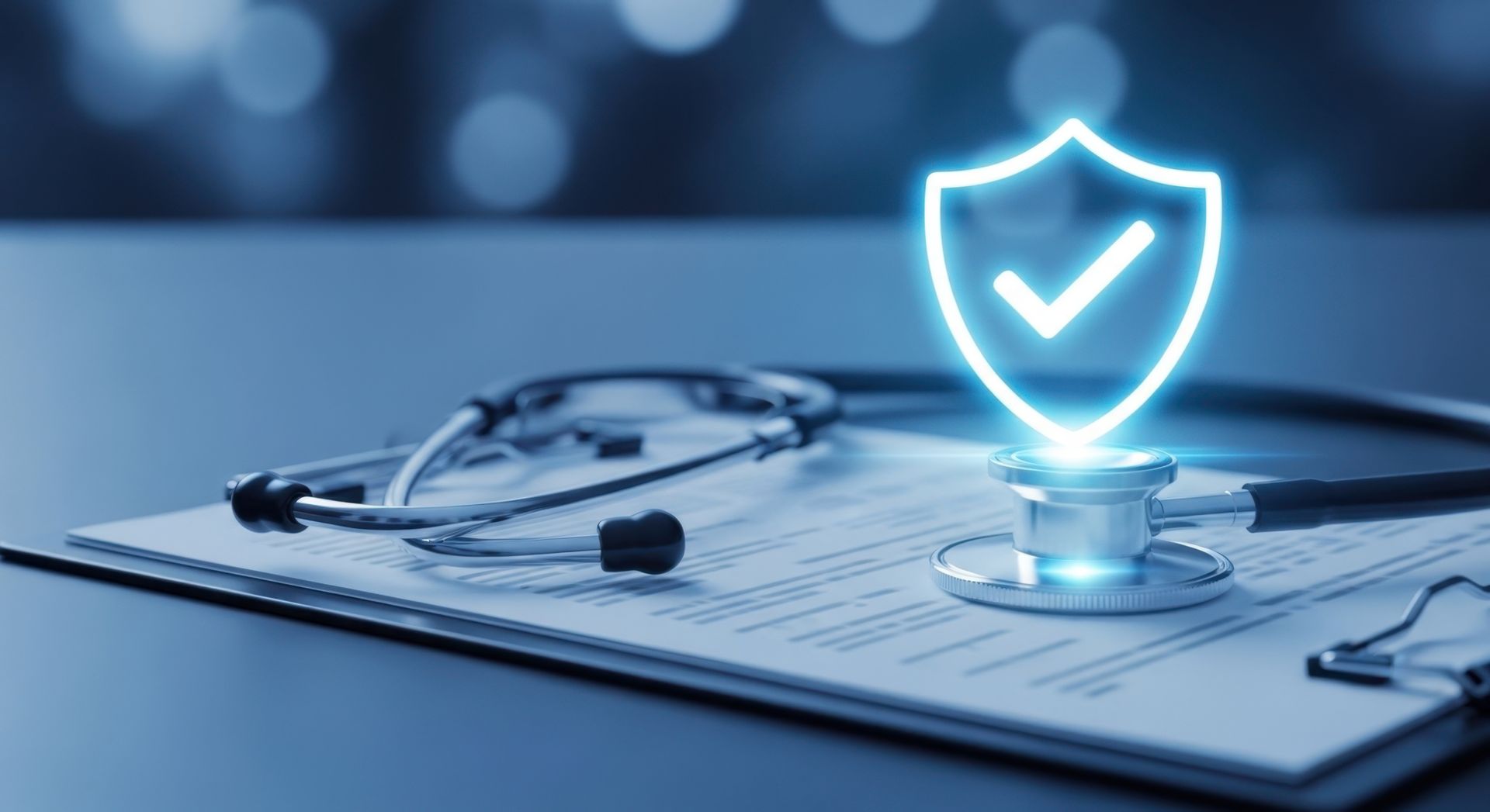 Glowing medical cross in blue digital interface above a hand, with connected health icons around it