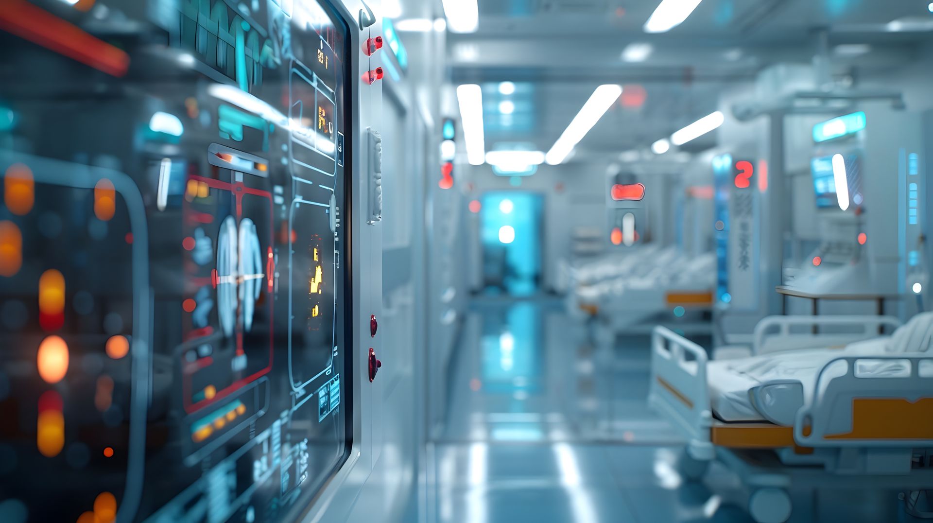 Hospital workstation with medical scans on monitors and an MRI machine in the background