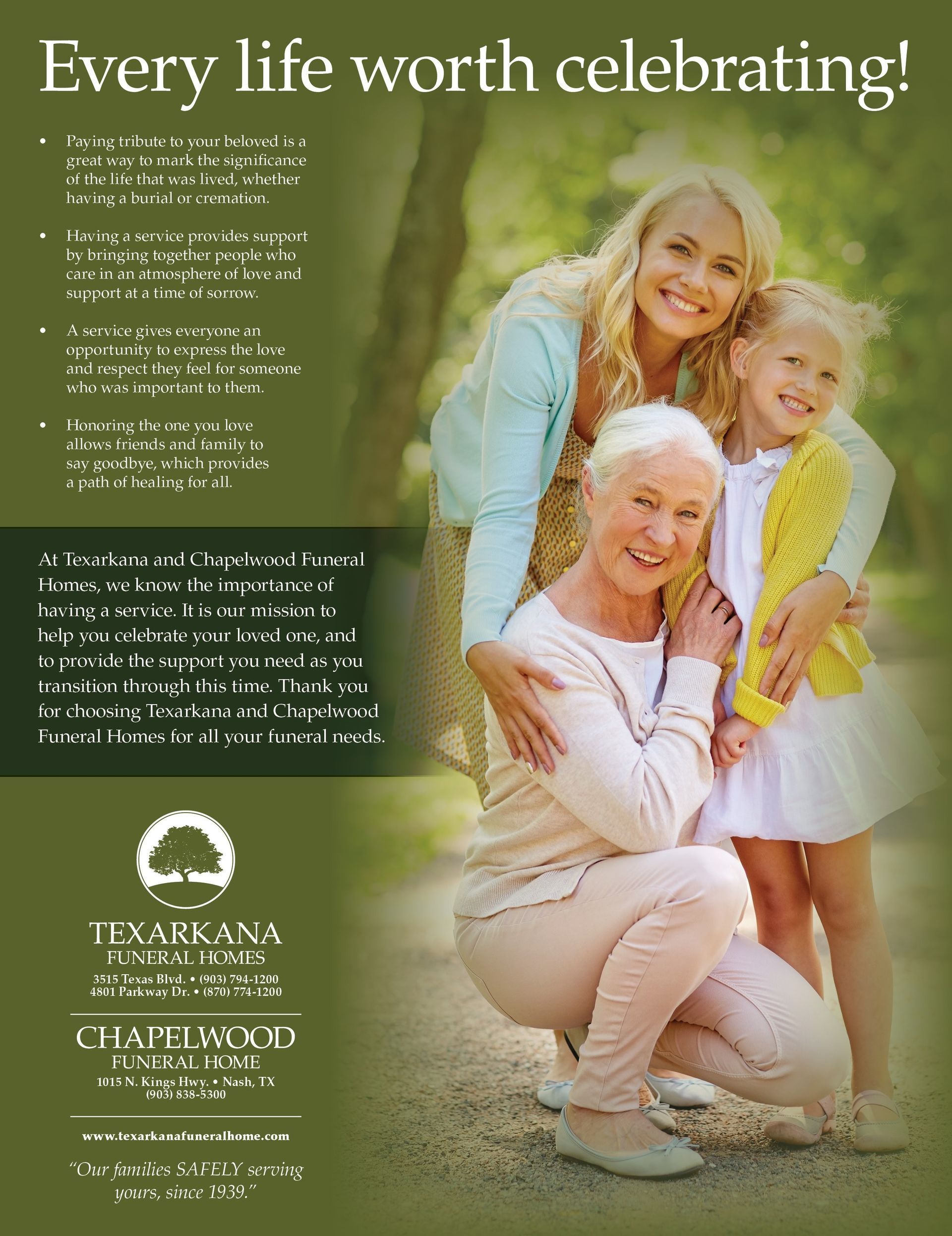Promotional poster with smiling family outdoors and the slogan “Every life worth celebrating!”