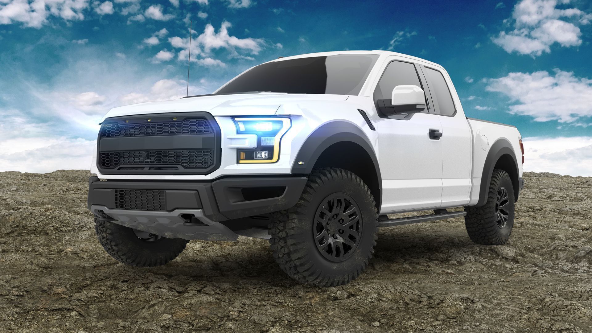 White Ford Raptor pickup truck on a dirt road, blue sky background. | All Pro Automotive