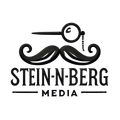 A logo for stein-n-berg media with a mustache and magnifying glass.