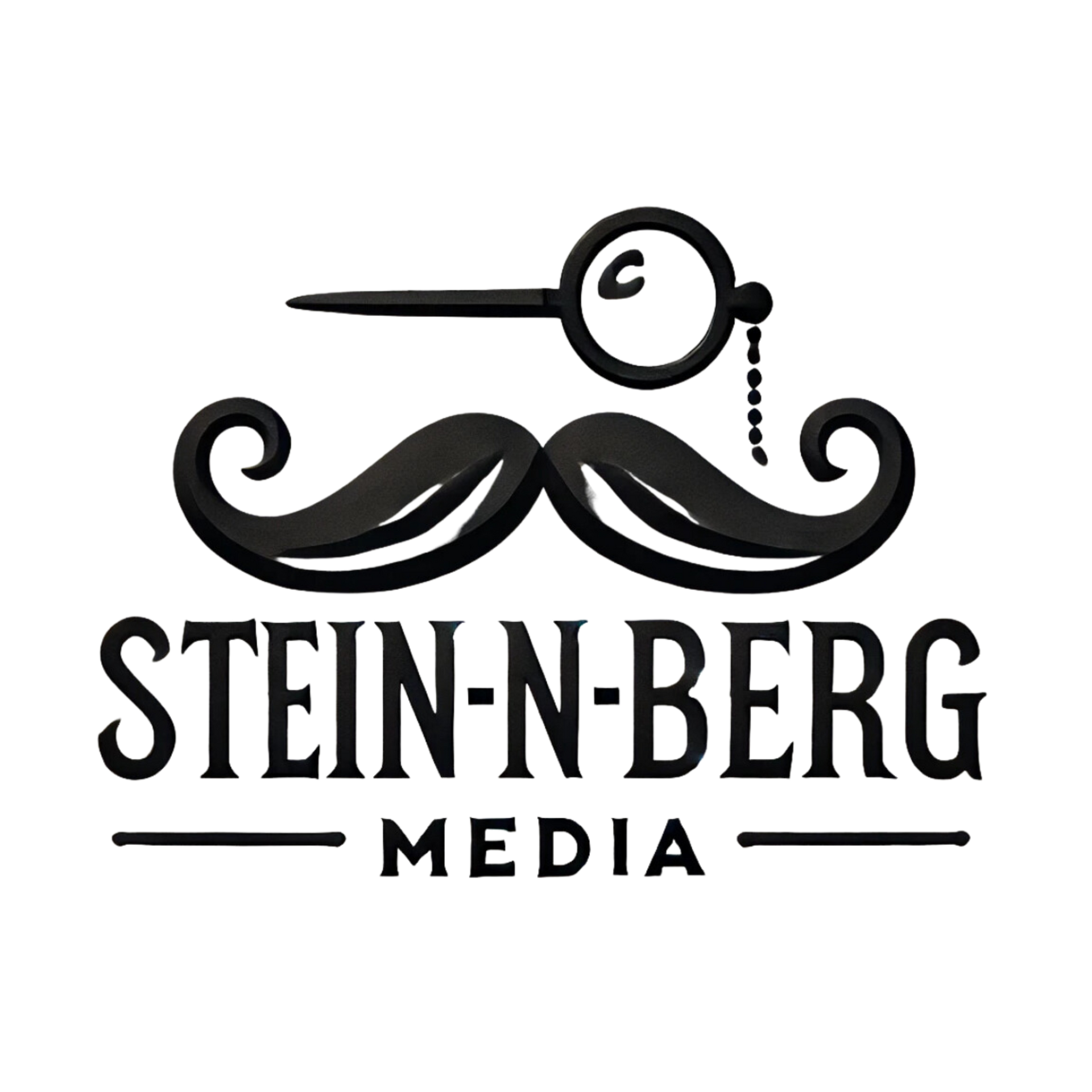 A logo for stein-n-berg media with a mustache and magnifying glass.