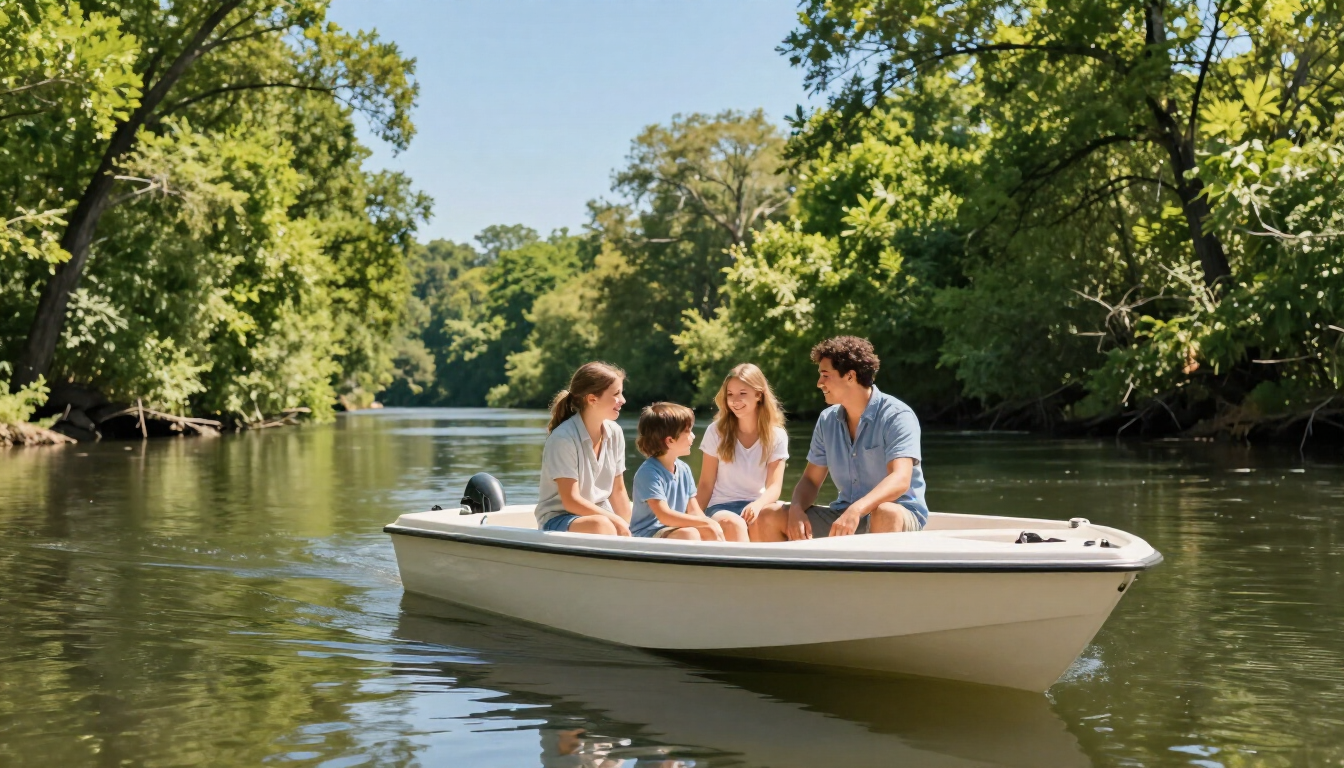 Happy family on a motorboat