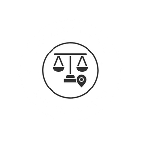 Legal scales and a location pin inside a circle icon