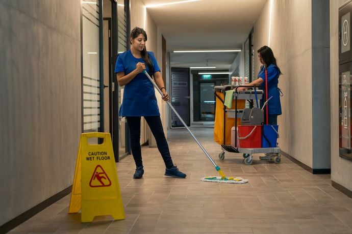 Janitorial staff carefully mopping floor beside caution sign for safety.
