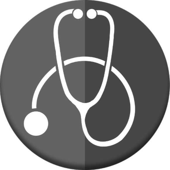 White stethoscope icon on dark gray circular background, split by a vertical line.