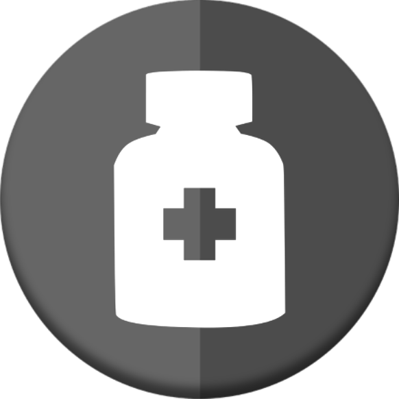 White medicine bottle with a cross on a dark gray circular background